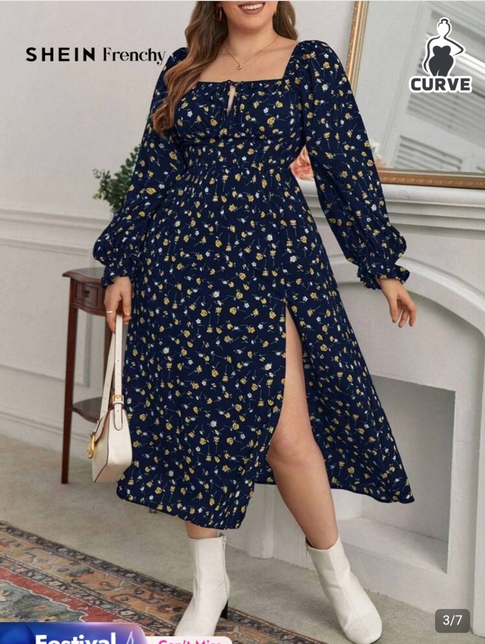 SHEIN Navy Floral Midi Dress with Puff Sleeves